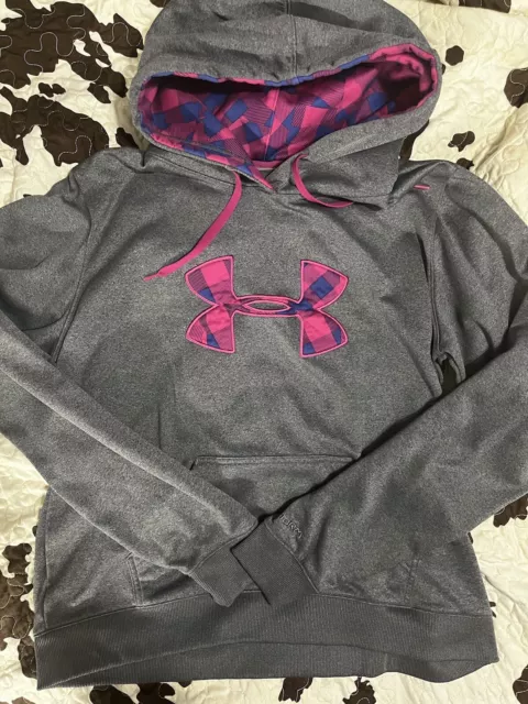 Under Armour Size XL Womens Sweatshirt Big Logo Hoodie Gray With Pink&Purple
