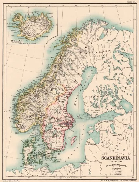 13TH CENTURY SCANDINAVIA. Danmork Norveg Sviaveldi Iceland 1902 old map