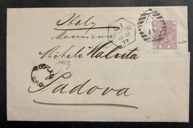 Gran Bretagna 2 1/2 D. 1877 Londra Esagonale Too Late PD Italia Padova Qualita