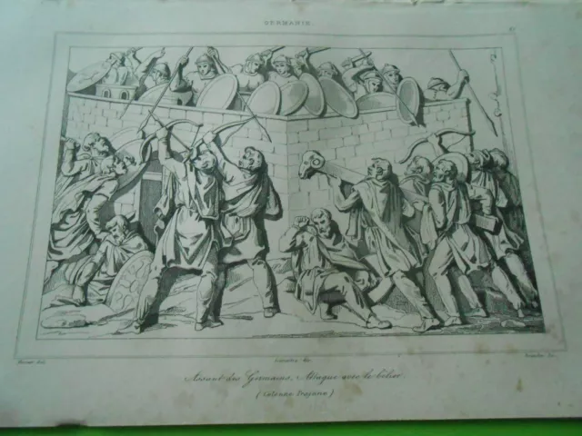 Gravure 1838 - Allemagne Germany Assaut des Germains attaque avec le bélier