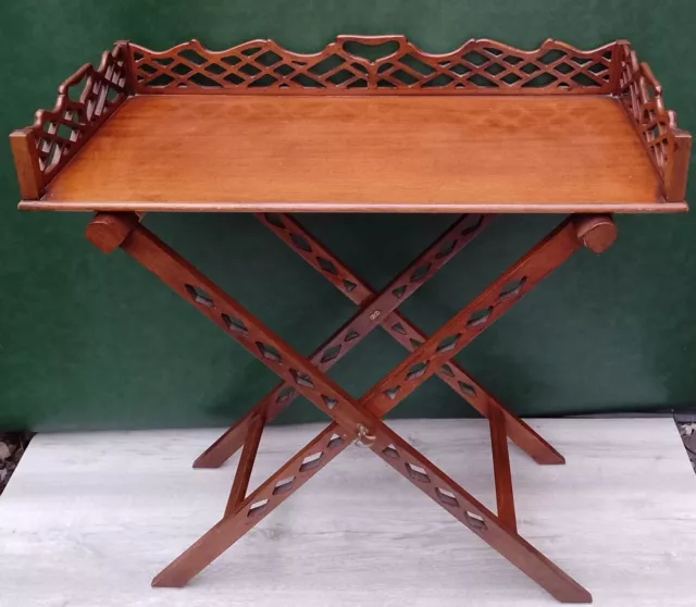 Vintage Antique Quality Chippendale Revival Solid Mahogany Butlers Serving Tray