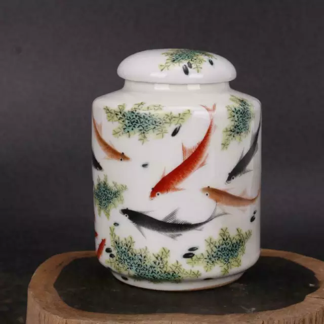 Chinese antiques Handmake Porcelain Pastel  fish pattern tea leaf jar qq32