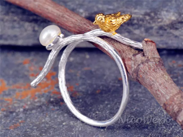 Silver Ring Bird Branch Pearl Golden Ethno Natural Ring Silver 925 Adjustable Open 2