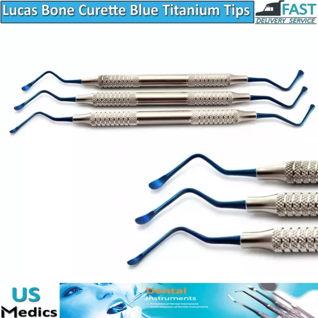 Surgical Dental Laboratory Lucas Bone Curettes Titanium Blue Tips Set of 3 NEW