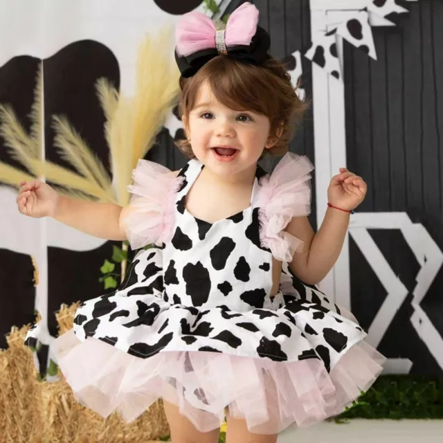 Toddler Baby Girls Romper Dress Infant Cow Print Tulle Tutu Dresses Headband Set