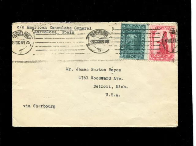 Spain 1931 Montserrat 15C and 30C on US Barcelona consulate cover to Detroit