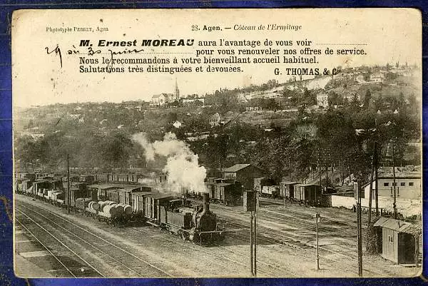 CPA Avis de Passage Agen Gare Train Station Coteau de l'Hermitage 1903 Perret