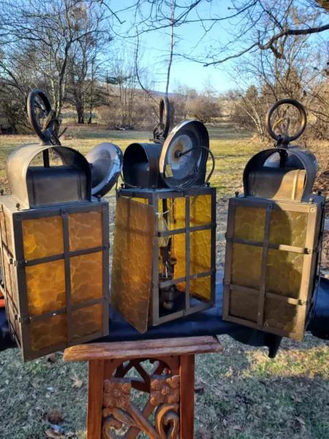 3 Vintage Georgian Art Gothic / Mission Brass Ceiling Porch Lighting Fixtures