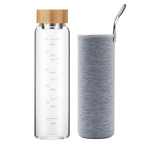 sunkey Bouteille Eau en Verre 1 Litre avec Bouchon de Bambou Réutilisable Gou...