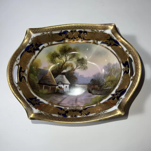 Noritake antique oriental handpainted Cottage Road blue gold trinket bowl dish