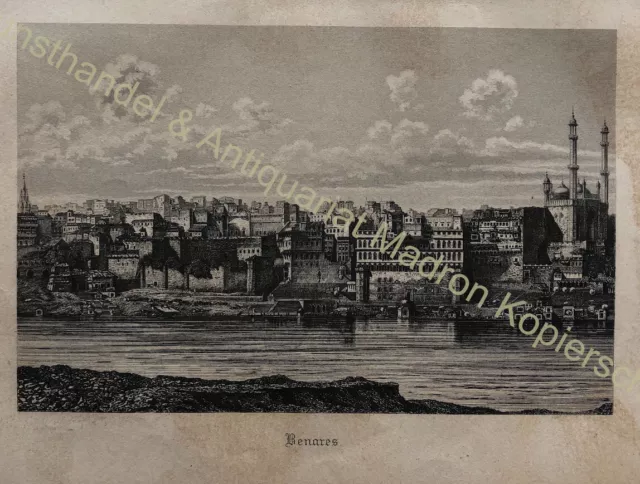 Varanasi Indien India Benares Ansicht view Stahlstich um 1870 Design Wohnung