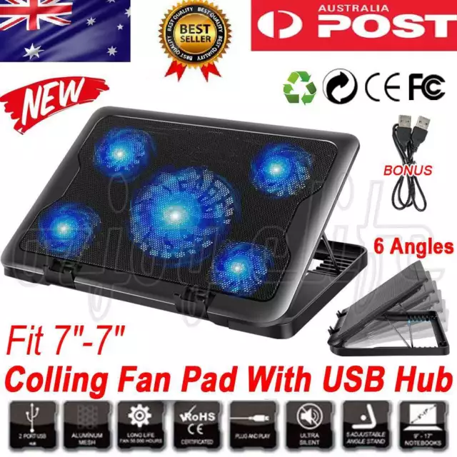 5 Fans LED Adjustable Height Cooler Cooling Pad Laptop Notebook 7"-17" Stand New