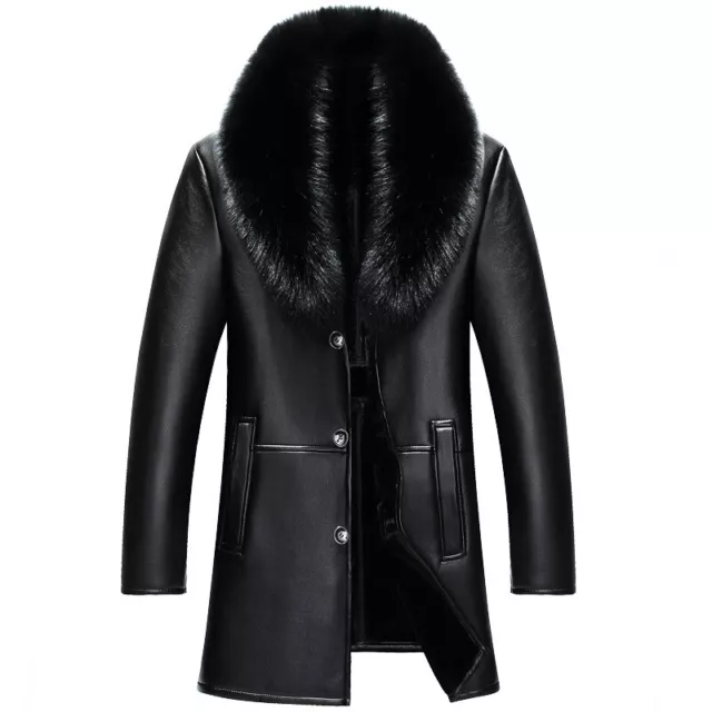 Men's Fur Fox Coats Fur Collar Leather Mid-length Velvet Warm Thickened Jacket