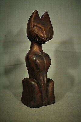 Egyptian Cat brown solid wood carved vintage figurine statue 8 1/4" tall