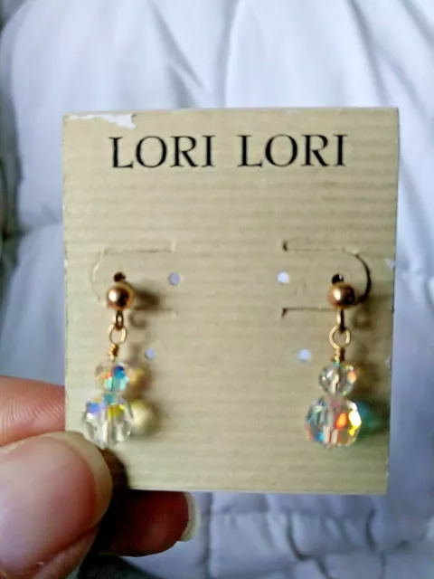 Lori Lori 14kt Gold Filled Dangle Earrings Clear Aurora Borealis Crystals #138