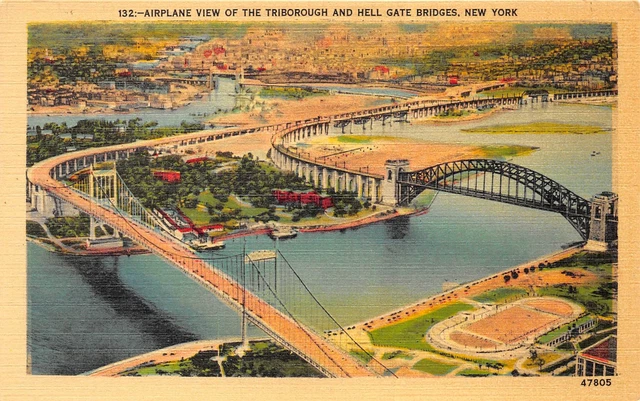 New York City NY 1940s Postcard Aerial View Triborough & Hell Gate Bridges