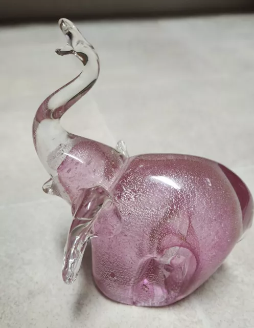 Art Glass Pink & Clear Elephant Raised Trunk 6" Heavy Paperweight