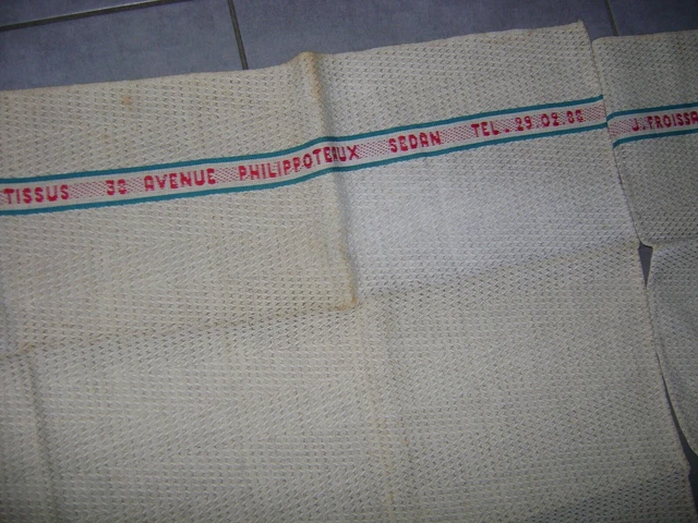 Vintage 3 ancien torchon Textile Froissard Fils 38 Av Philippoteaux 08 SEDAN 40s 3