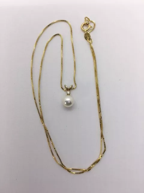 14 KT Gold Chain & Ben Bridge Akoya Cultured Pearl & Diamond Pendant, IOB