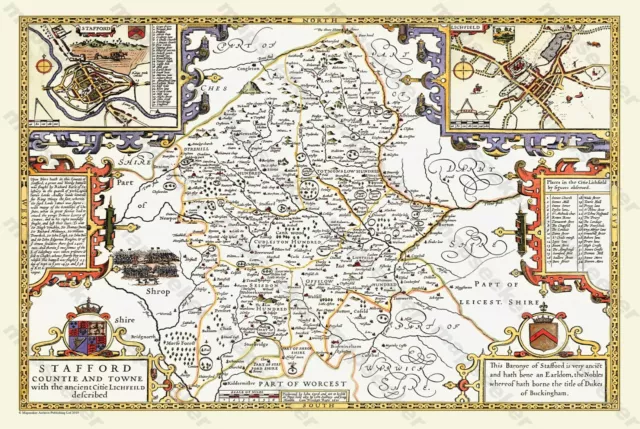 OLD MAP OF STAFFORDSHIRE 1611 BY JOHN SPEED 24" x 16" PHOTOGRAPHIC PRINT