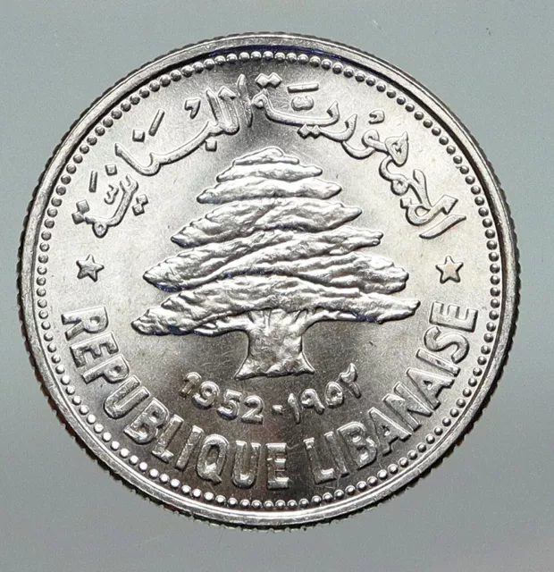 1952 LEBANON Cedar Tree Wreath Antique Genuine Silver 50 Piastres Coin i91205