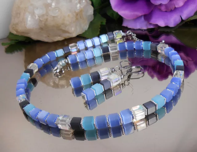 2er Set Halskette / Collier + Ohrringe Cat Eye Würfel Hellblau Türkis Töne