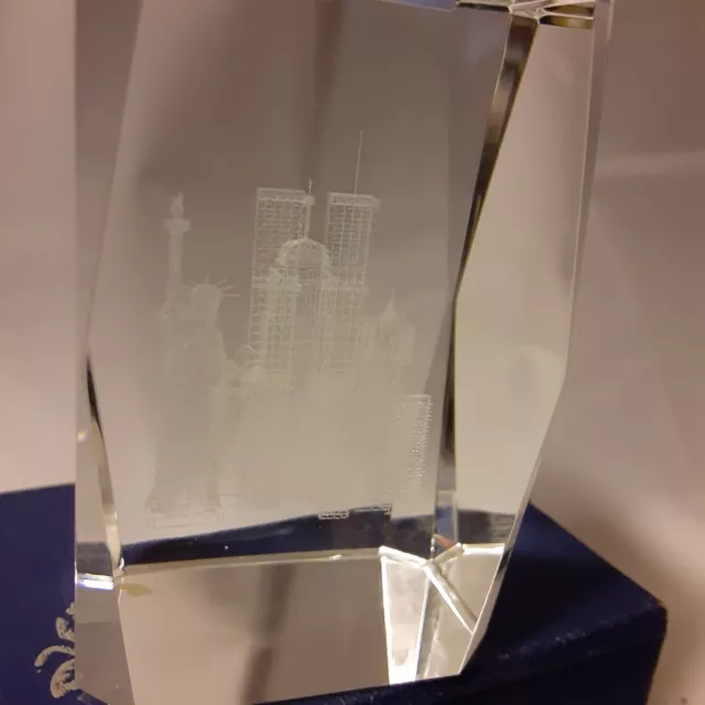 New York City 3D Laser Etched Glass Skyline with Twin Towers Paperweight