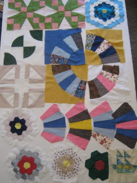 17 Quilt Blocks Various Patterns Squares Pieces Lot Print Fabric Handstitched