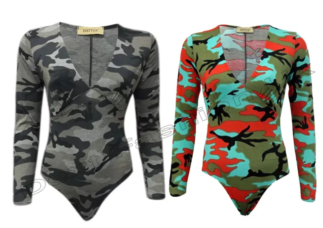 Nuovo Ragazze Celebrità Look Donna Camouflage Increspato Scollo V Body Top Marca