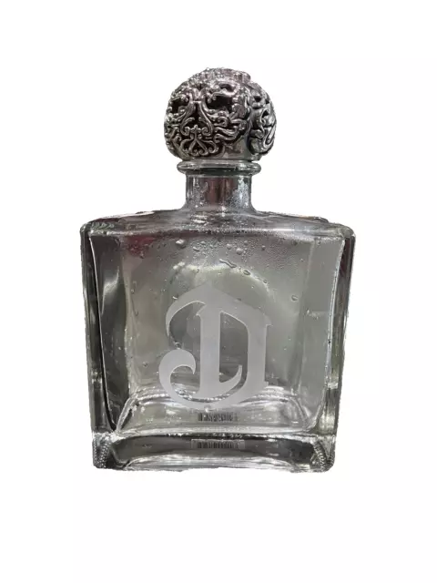 Deleon Platinum Empty Tequila Liquor Bottle Decanter Square Heavy Skull Cap Lid