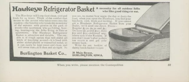 1910 Hawkeye Refrigerator Basket Picnic Burlington Basket Iowa Vtg Print Ad CO2
