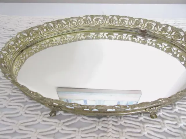 Vintage Oval Mirror Vanity Dresser Tray Gold Filigree Perfume Mid Century 13X8