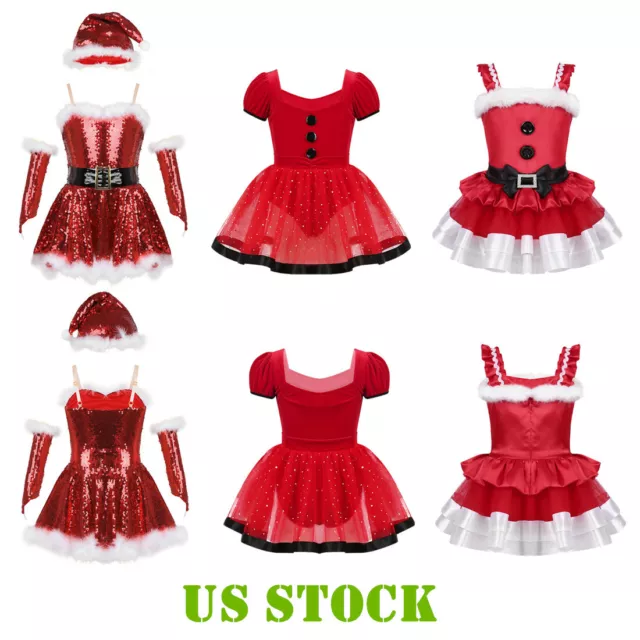 US Baby Girls Christmas Santa Clause Costume Xmas Leotard Tutu Dance Fancy Dress