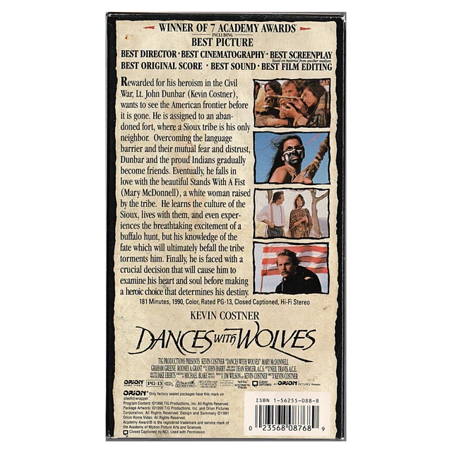 DANCES WITH WOLVES (VHS, 1993) Kevin Costner – Orion Pictures – Used $6 …