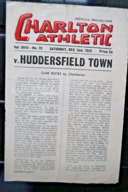 Charlton V Huddersfield Football Programme 1950 - 1951 Division 1