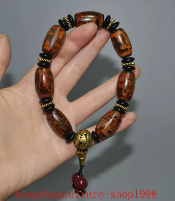 6" Chinese Ancient natural agate carved exorcism amulet Bracelet hand chain