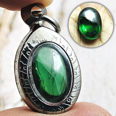 Ellipse Naga Eye Healing Gem Stone Leklai Crystal Richly Green Thai Amulet 16509