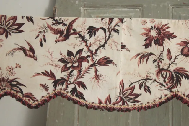 Antique French Valance 1860's Fabric burgundy bird and insect floral pattern