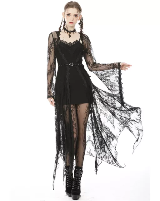 Dark In Love Womens Long Sheer Lace Gothic Witch Gown Dress Jacket Black Belted