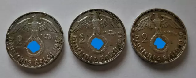 3x 2 Reichsmark - 1937, 1938, 1939 - Paul von Hindenburg - Silber - 3. Reich