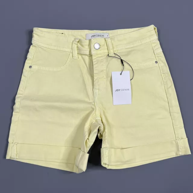 Jacqueline de Yong Denim Shorts S Womens Yellow Slim Skinny Turn Up Leg Casual