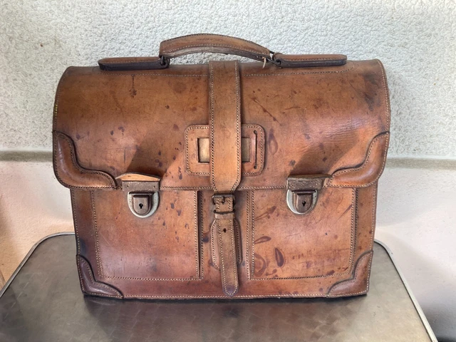 ANCIEN CARTABLE EN CUIR instituteur maître école déco professeur