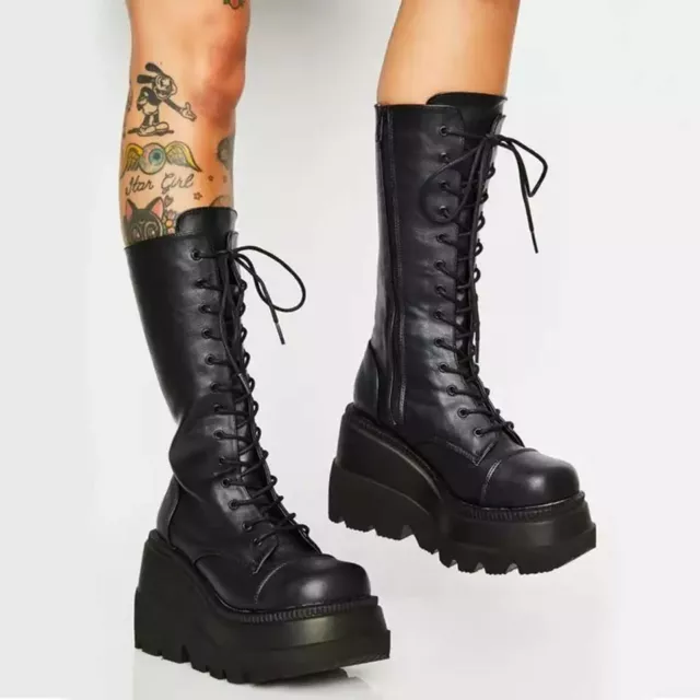 Womens Casual Mid Calf Boots Gothic Punk Lace Up Chunky High Heel Platform Shoes