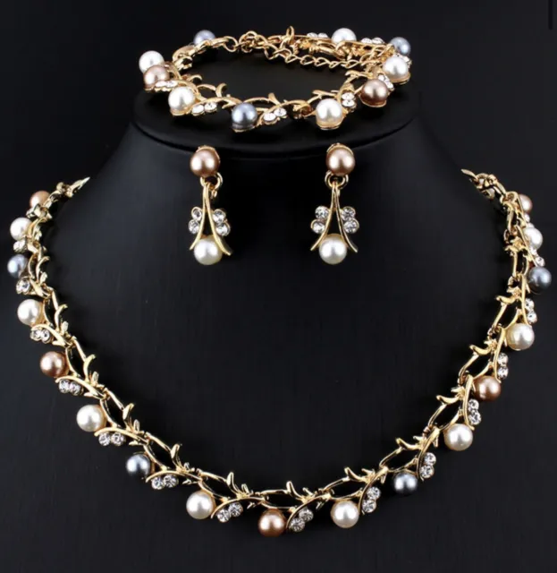Bridal Wedding Party Necklace Jewellery Set Bracelet Gold Multi Pearl Crystal
