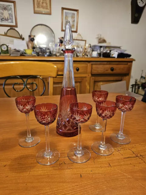 Service liqueur en cristal overlay, carafe numérotée et 6 verres, ST LOUIS?????