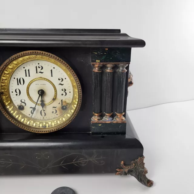 Antique Seth Thomas Adamantine Mantle Clock 6 Pillar Faux Marble Untested No Key 3