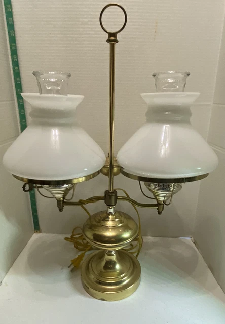 VTG BRASS DOUBLE ARM STUDENT DESK TABLE LAMP MILKGLASS SHADES 21” Tall 16” Wide