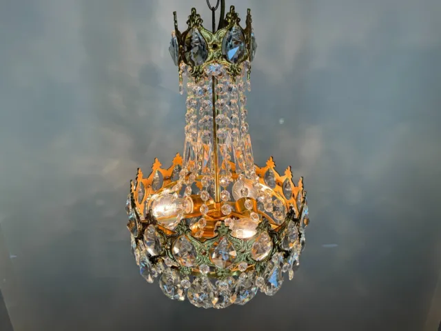 Antique / Vintage Brass & Crystal French Chandelier Lighting, Ceiling Lamp Light 2