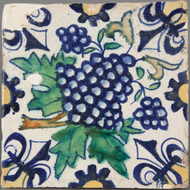 Nice Dutch Delft polychrome ornament tile, early 17th. century.