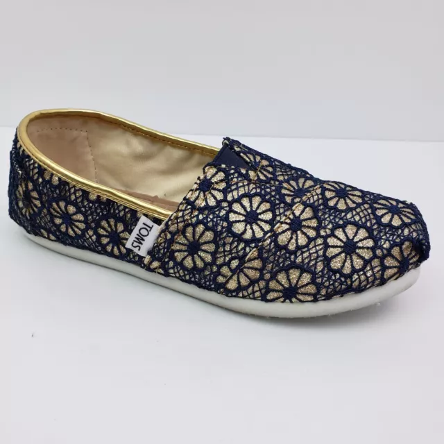 Toms Classic Crochet Girls Size 4Y Navy Blue Gold Glitter Slip On Loafer Shoes 2